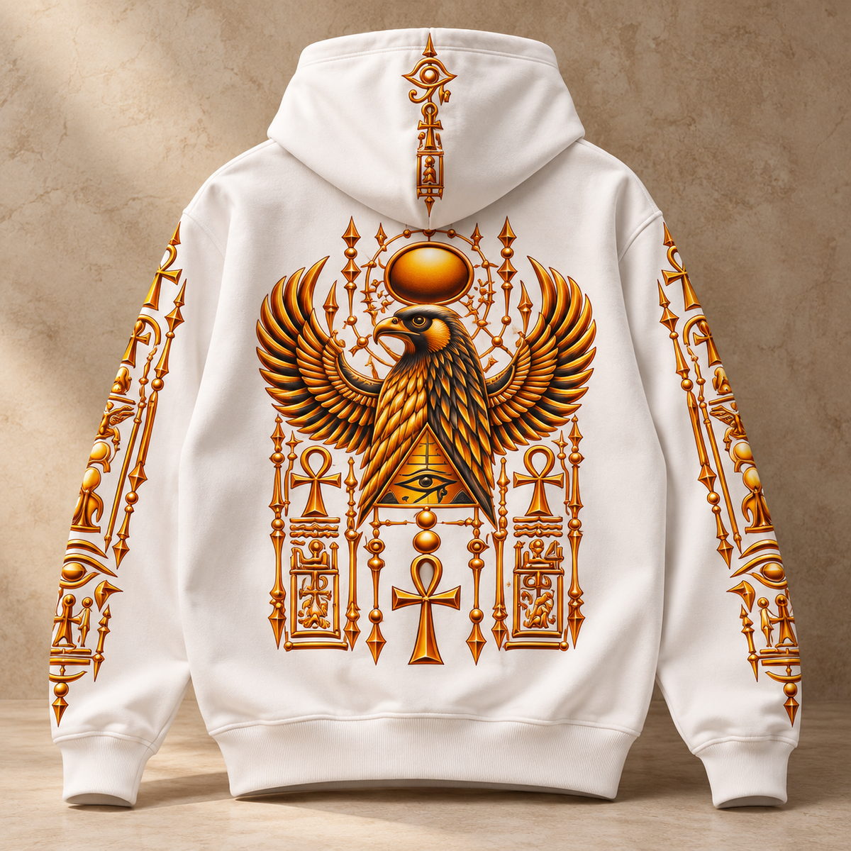 MOLVEXY Falcon Ascend Hoodie – White & Gold Egyptian Edition – Molvexy